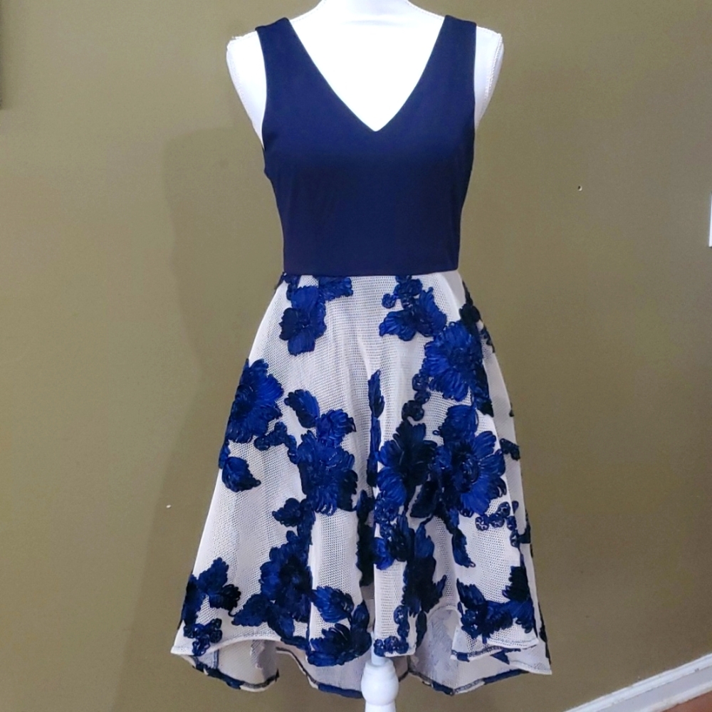 Formal Dress Navy Blue Fit and Flare Satin High Low